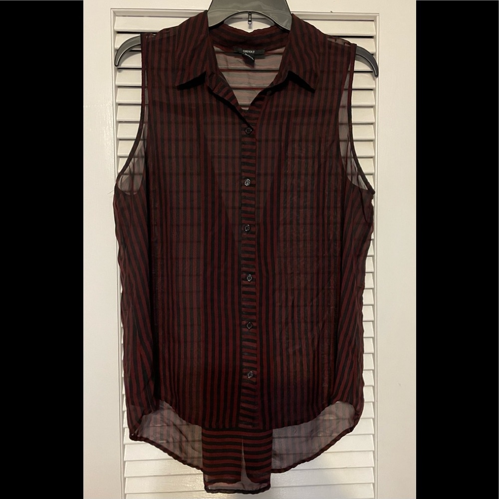 Sheer Sleeveless Button-Front Top - Burgundy/Black Stripes